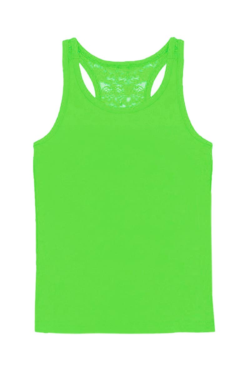 Girl's Solid Racerback Tank w/ Cutout Lace Neon Green