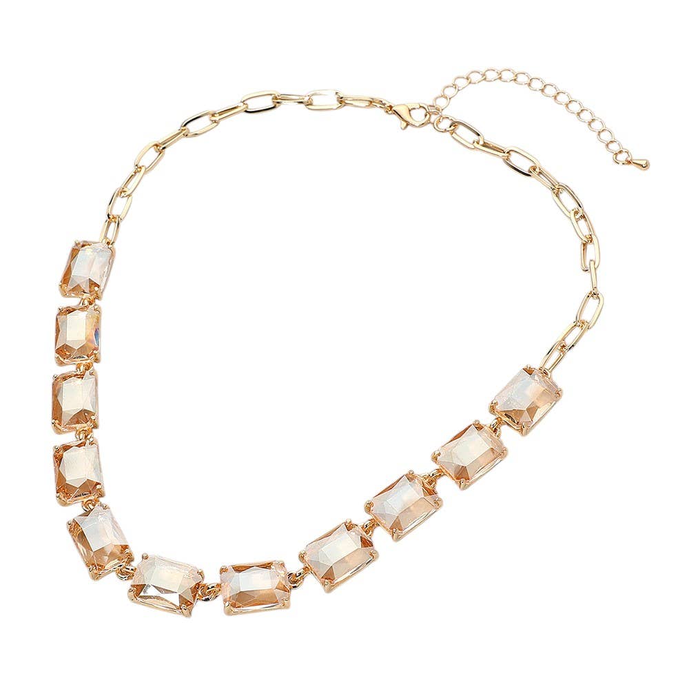 Cushion Rectangular Stone Cluster Link Evening Necklace: AB,Taupe