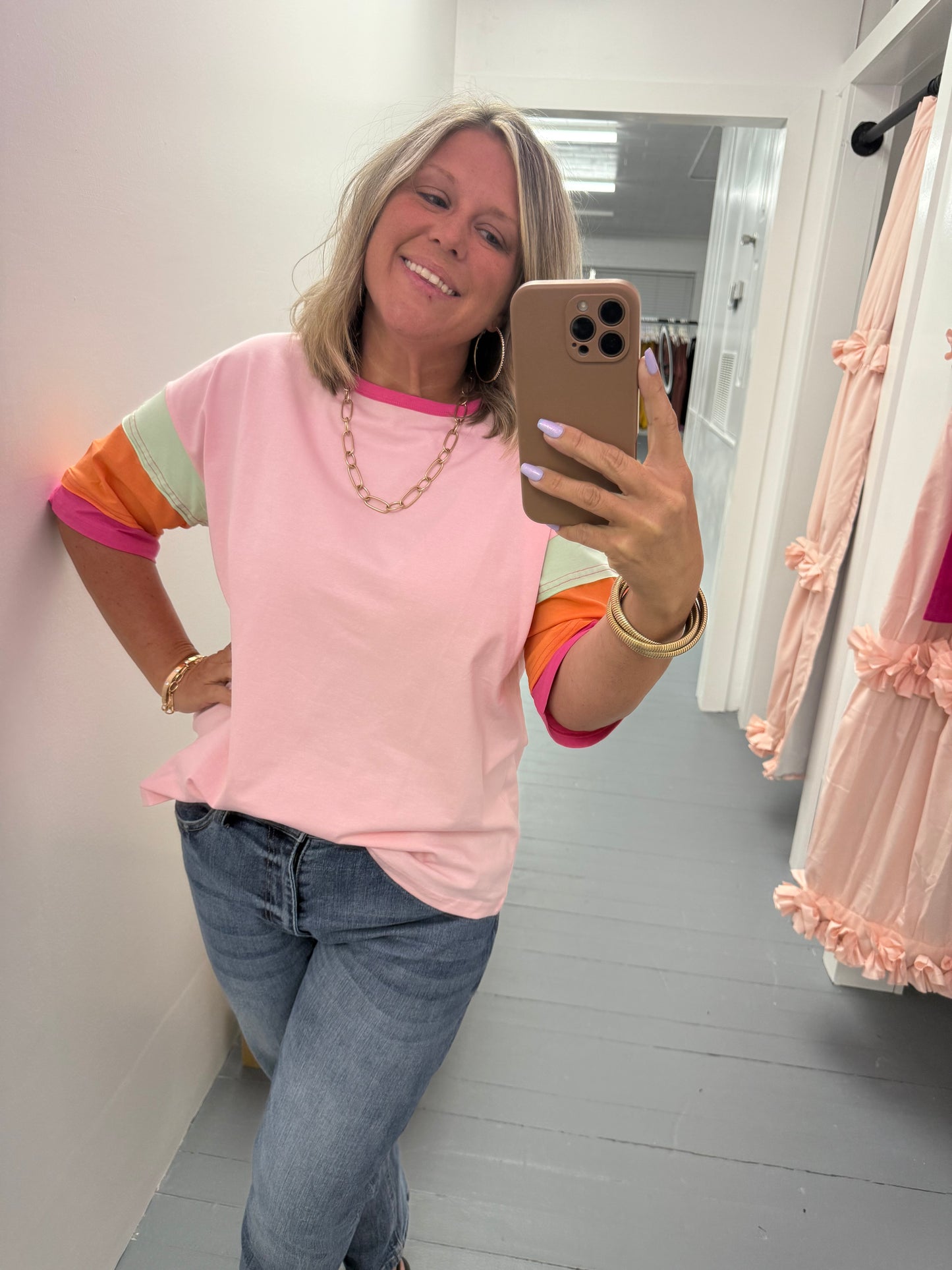 Color Block Stitching Sleeve Round Neck Oversize Top Pink