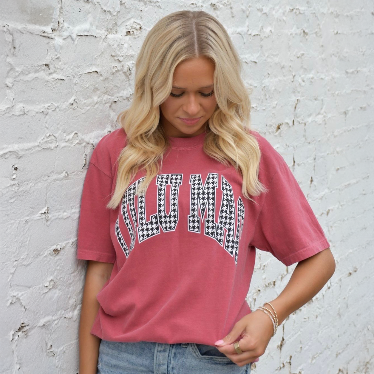 Lulu Mac Houndstooth Adult Crimson Comfort Colors Tee ADULT