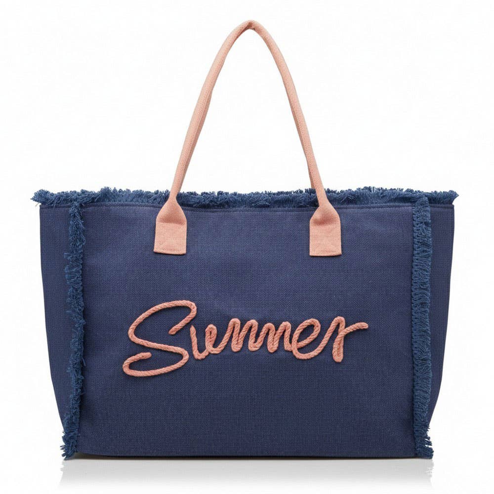 SUMMER Message Embroidered Fringe Canvas Tote Beach Bag PINK