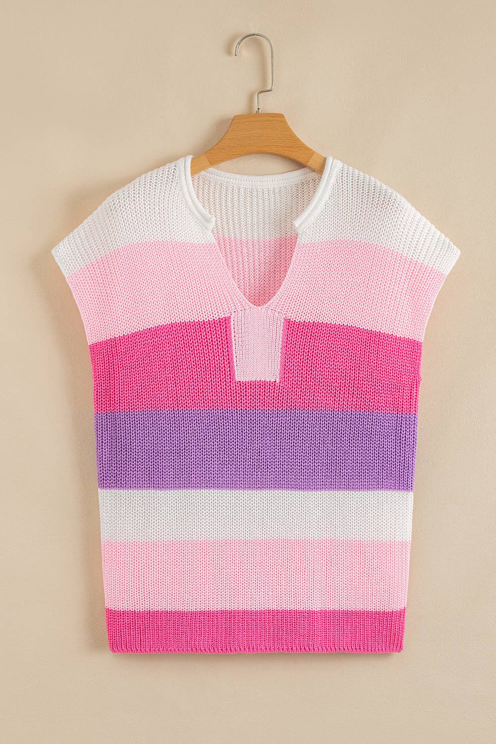 Color Block Notch V Neck Sweater T Shirt Pink