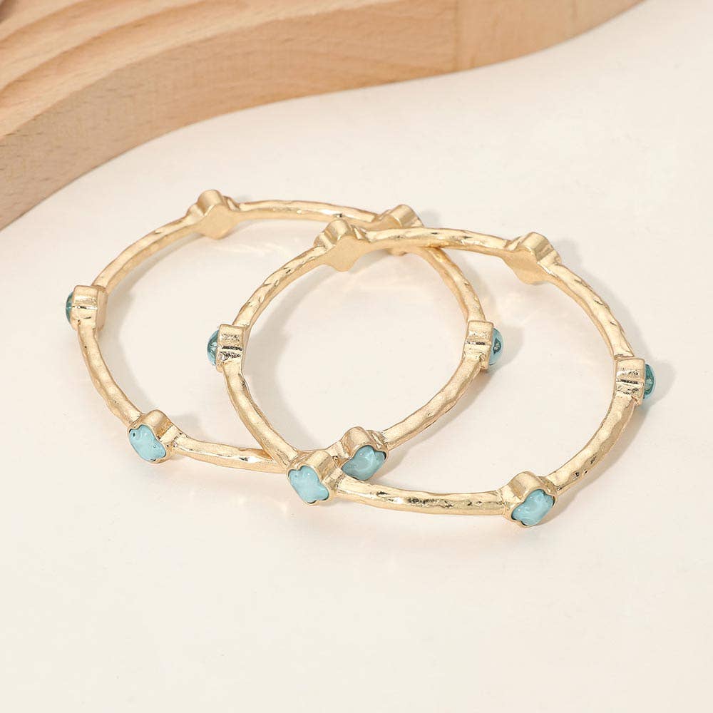 2PCS - Quatrefoil Stone Accent Hammered Metal Multi Layered Bangle Bracelets White,Worn Gold