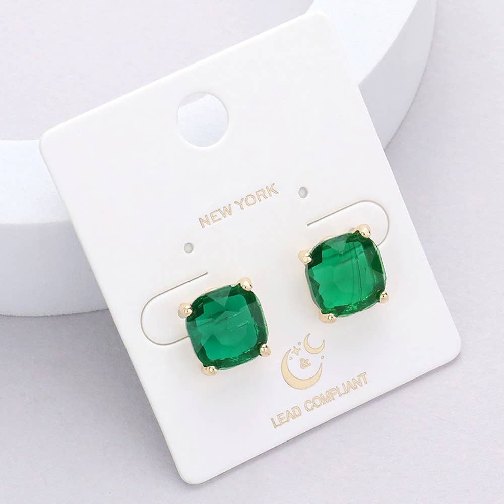 Cushion Square Stone Stud Evening Earrings: G-EM