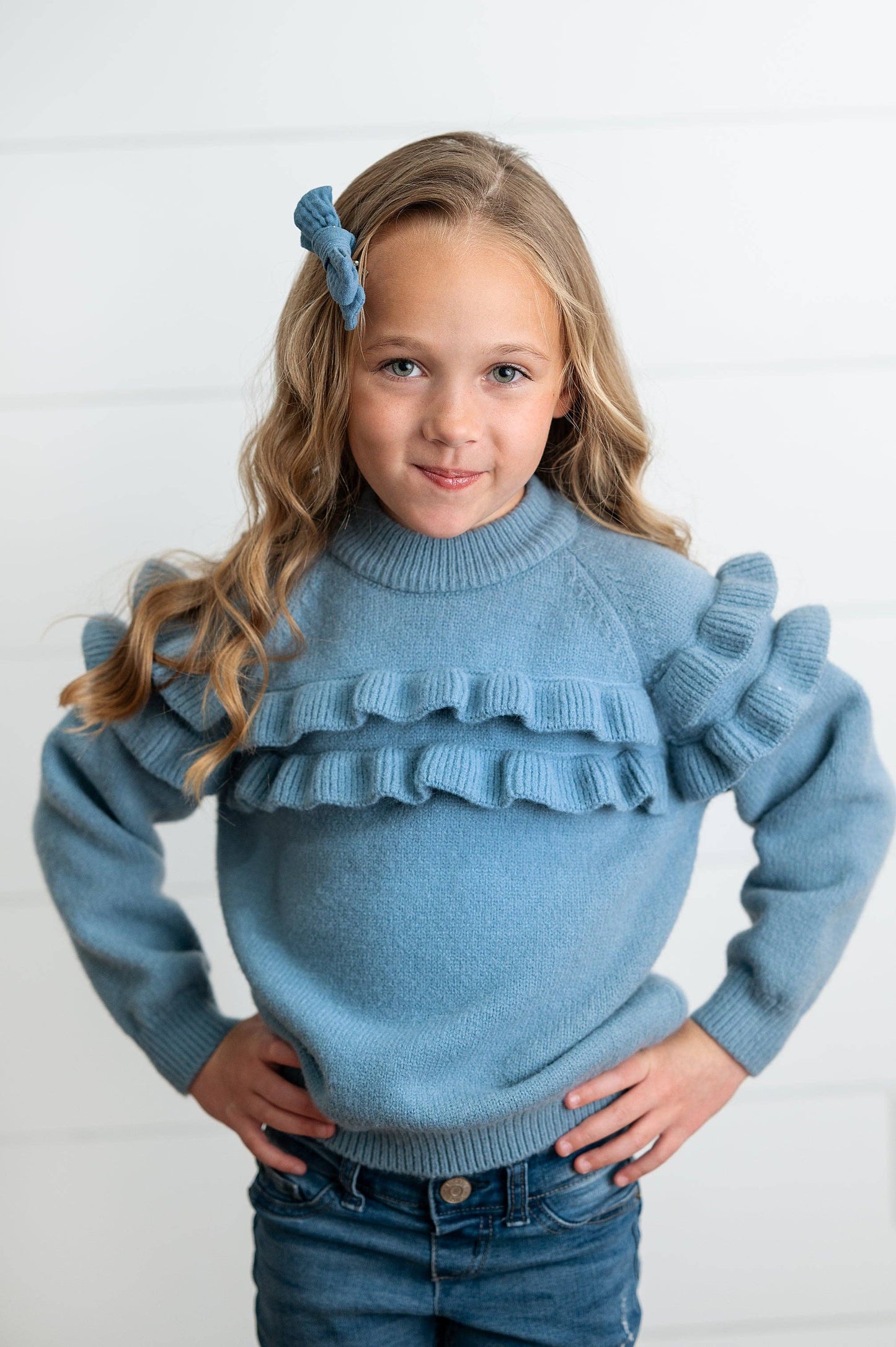 Kids Dusty Blue Double Ruffle Crew Neck Fall Winter Sweater: 3/4