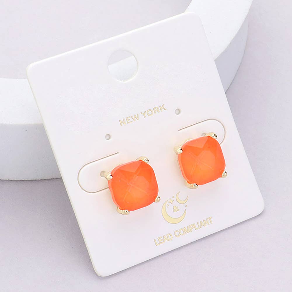 Cushion Square Stone Stud Evening Earrings: G RED