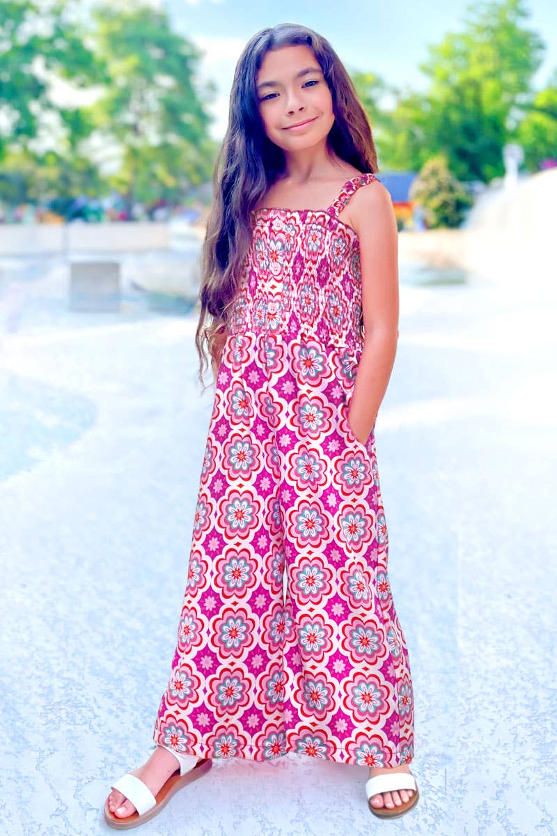 GKD-3103B-L38 Girl's Romper w/ Smocking & Side Pockets : Hot Pink Floral / L12/14