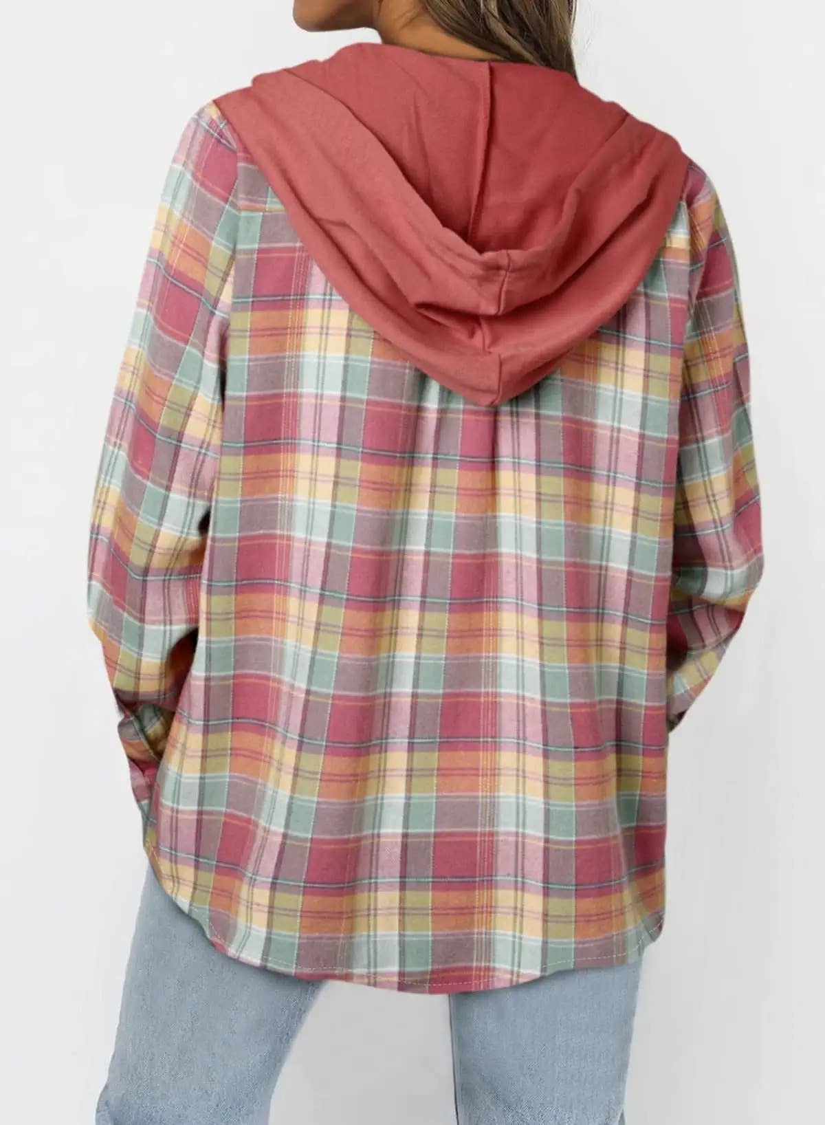 Hooded Plaid Button-Up Jacket - Casual Oversized Shacket: Red