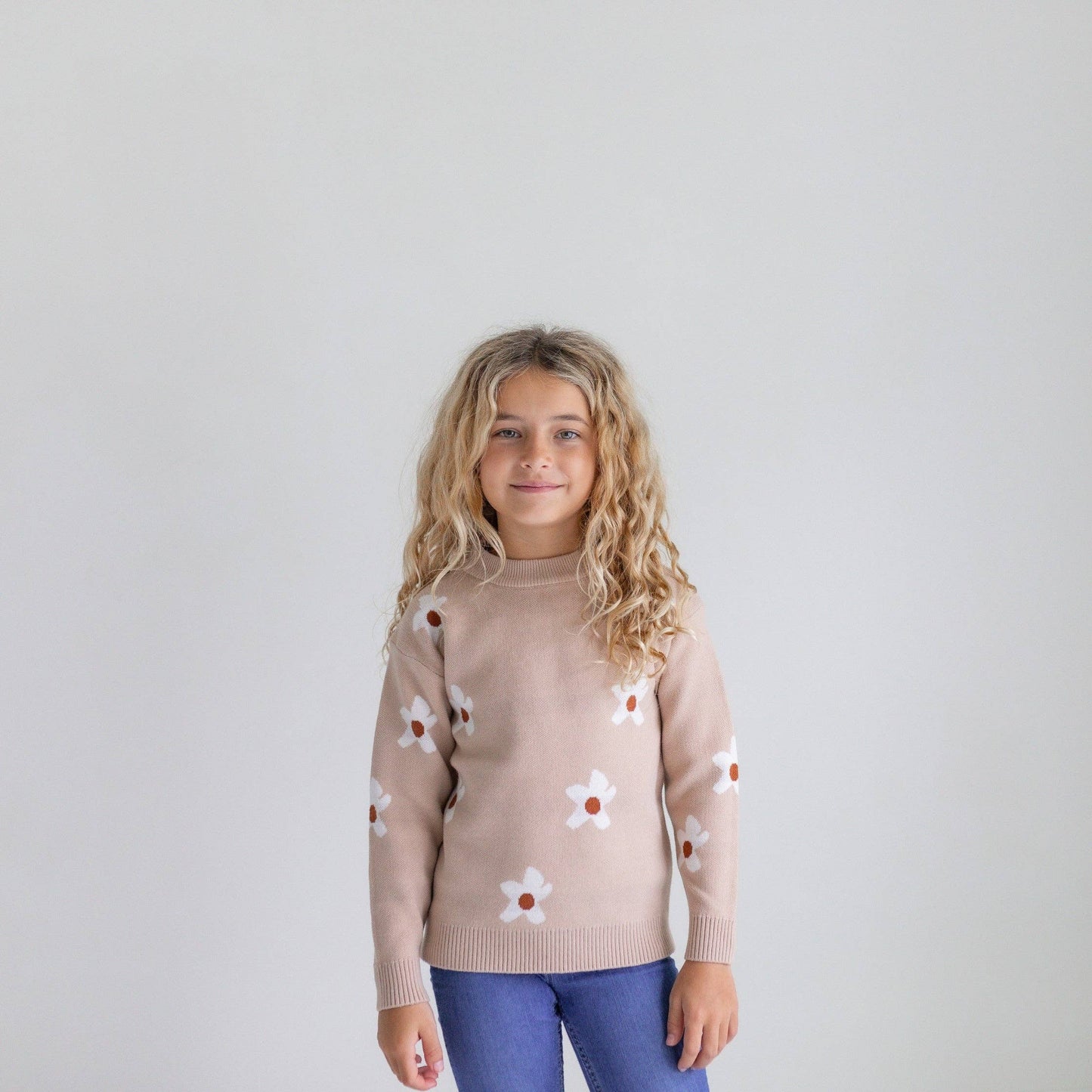 Kids Beige Flower Crew Neck Fall Winter