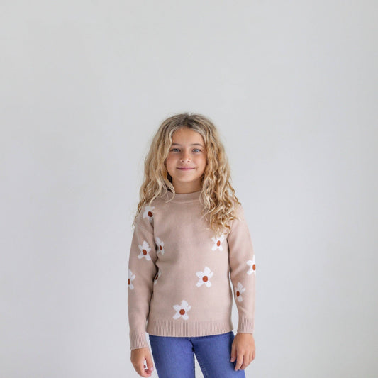 Kids Beige Flower Crew Neck Fall Winter
