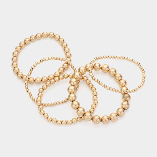 5PCS - Metal Ball Beaded Stretch Bracelets WORN GOLD