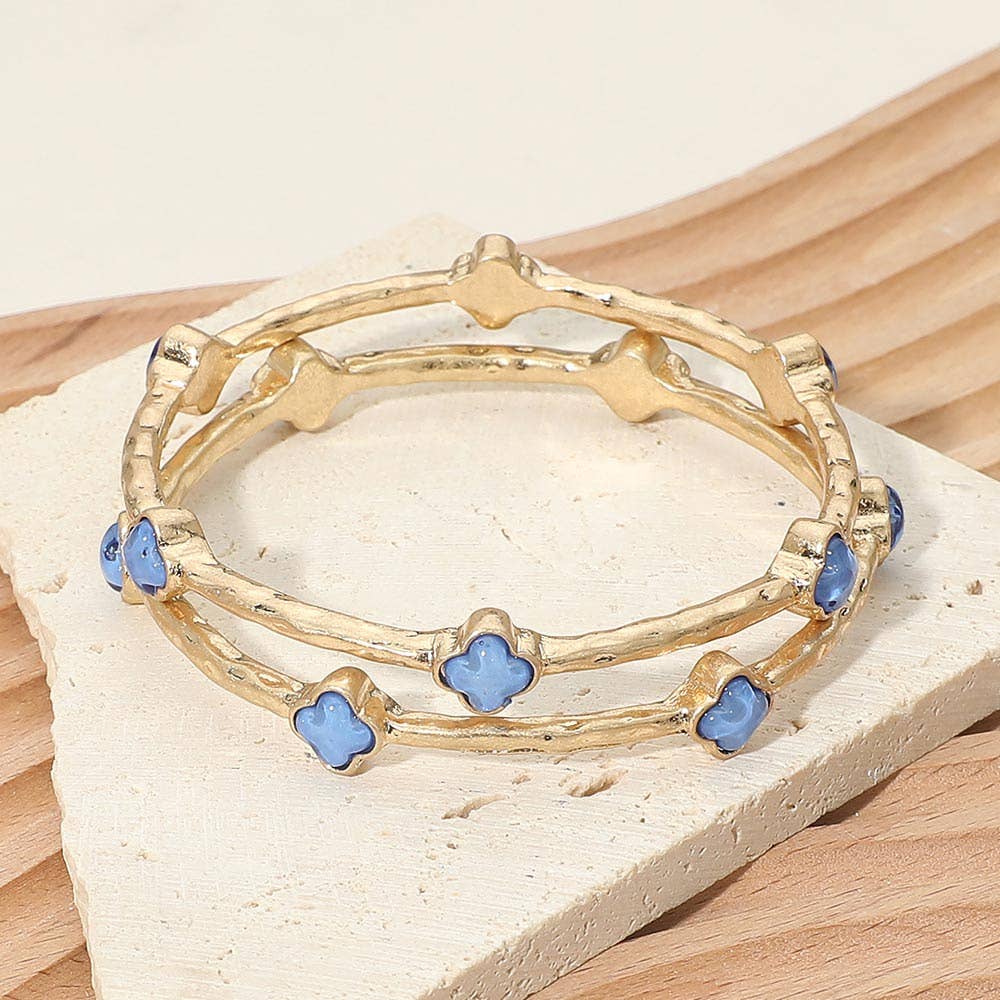 2PCS - Quatrefoil Stone Accent Hammered Metal Multi Layered Bangle Bracelets White,Worn Gold