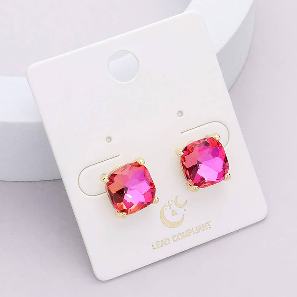 Cushion Square Stone Stud Evening Earrings: G-EM