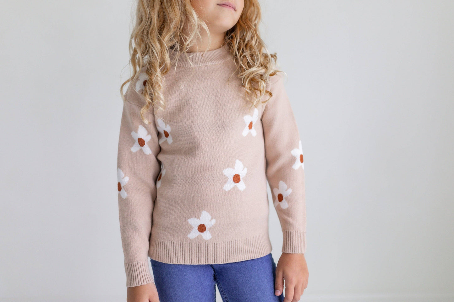 Kids Beige Flower Crew Neck Fall Winter