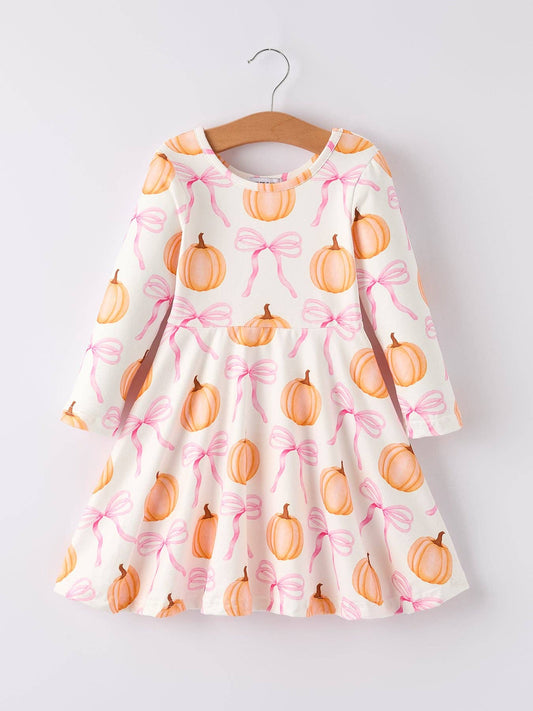 Pumpkin Bow Print Long Sleeve Dress