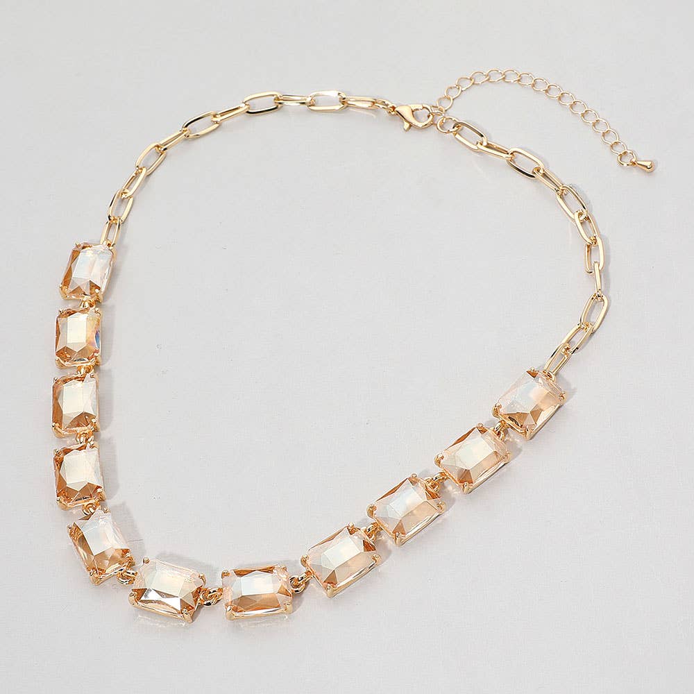 Cushion Rectangular Stone Cluster Link Evening Necklace: AB,Taupe