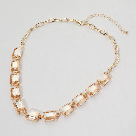 Cushion Rectangular Stone Cluster Link Evening Necklace: AB,Taupe