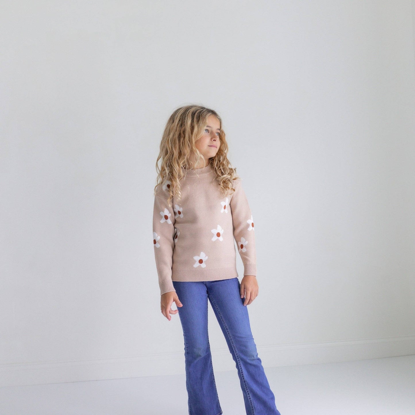 Kids Beige Flower Crew Neck Fall Winter