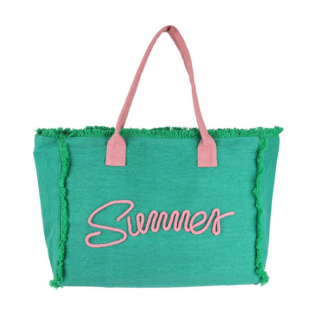 SUMMER Message Embroidered Fringe Canvas Tote Beach Bag PINK