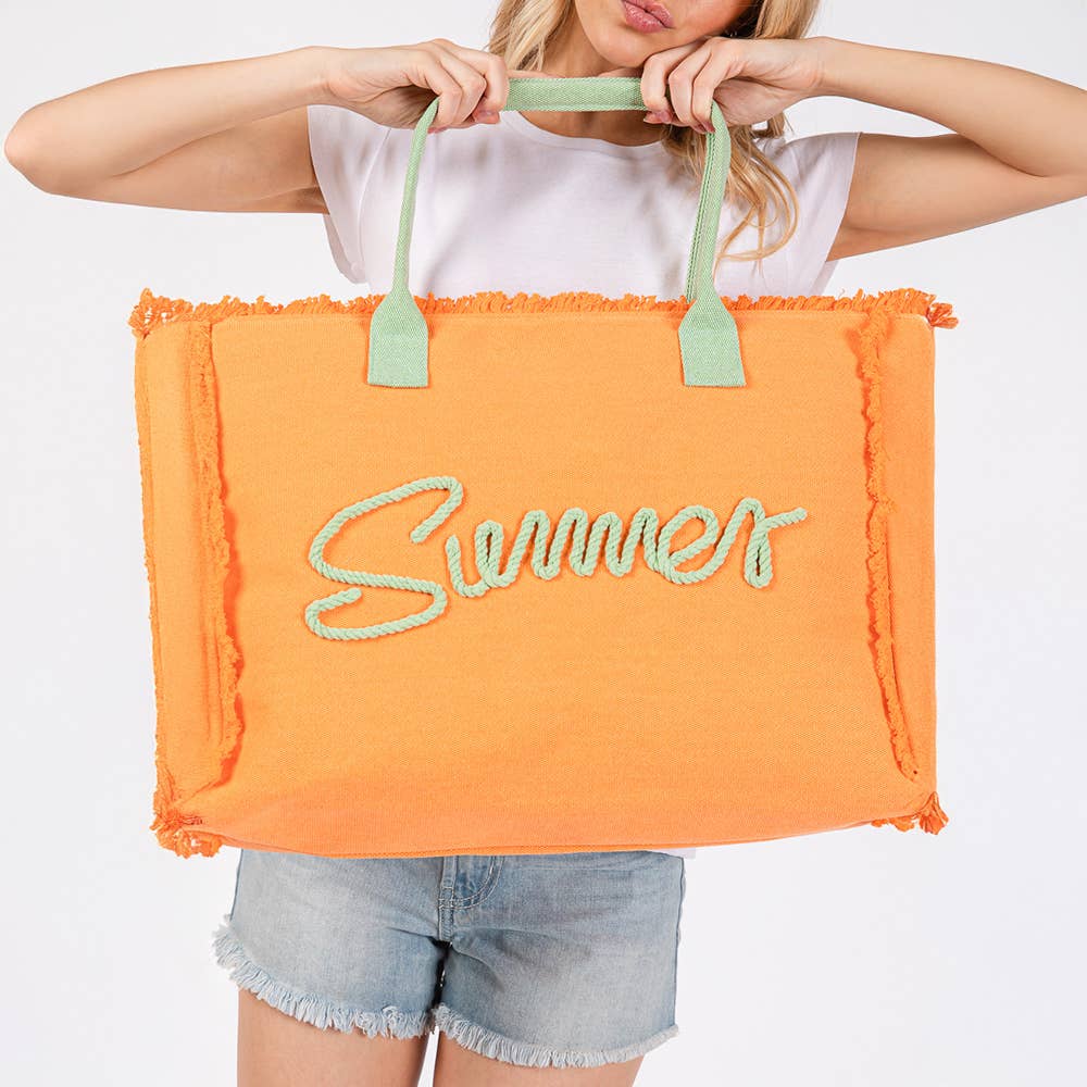 SUMMER Message Embroidered Fringe Canvas Tote Beach Bag PINK