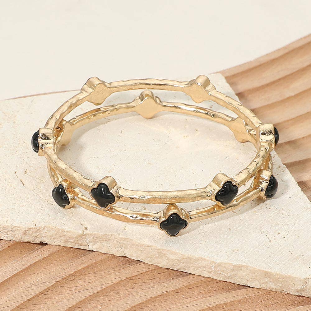 2PCS - Quatrefoil Stone Accent Hammered Metal Multi Layered Bangle Bracelets White,Worn Gold