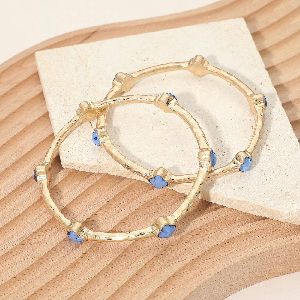 2PCS - Quatrefoil Stone Accent Hammered Metal Multi Layered Bangle Bracelets White,Worn Gold