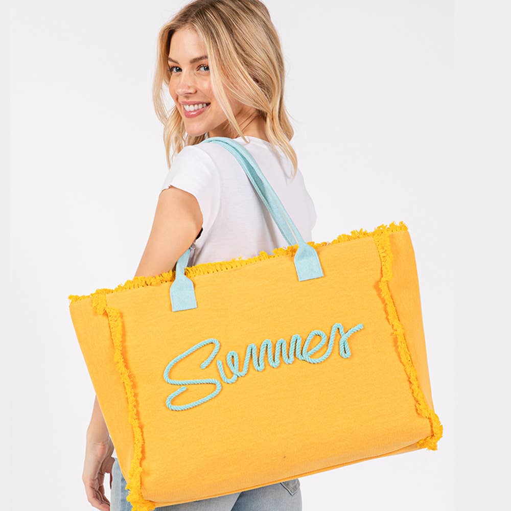 SUMMER Message Embroidered Fringe Canvas Tote Beach Bag PINK