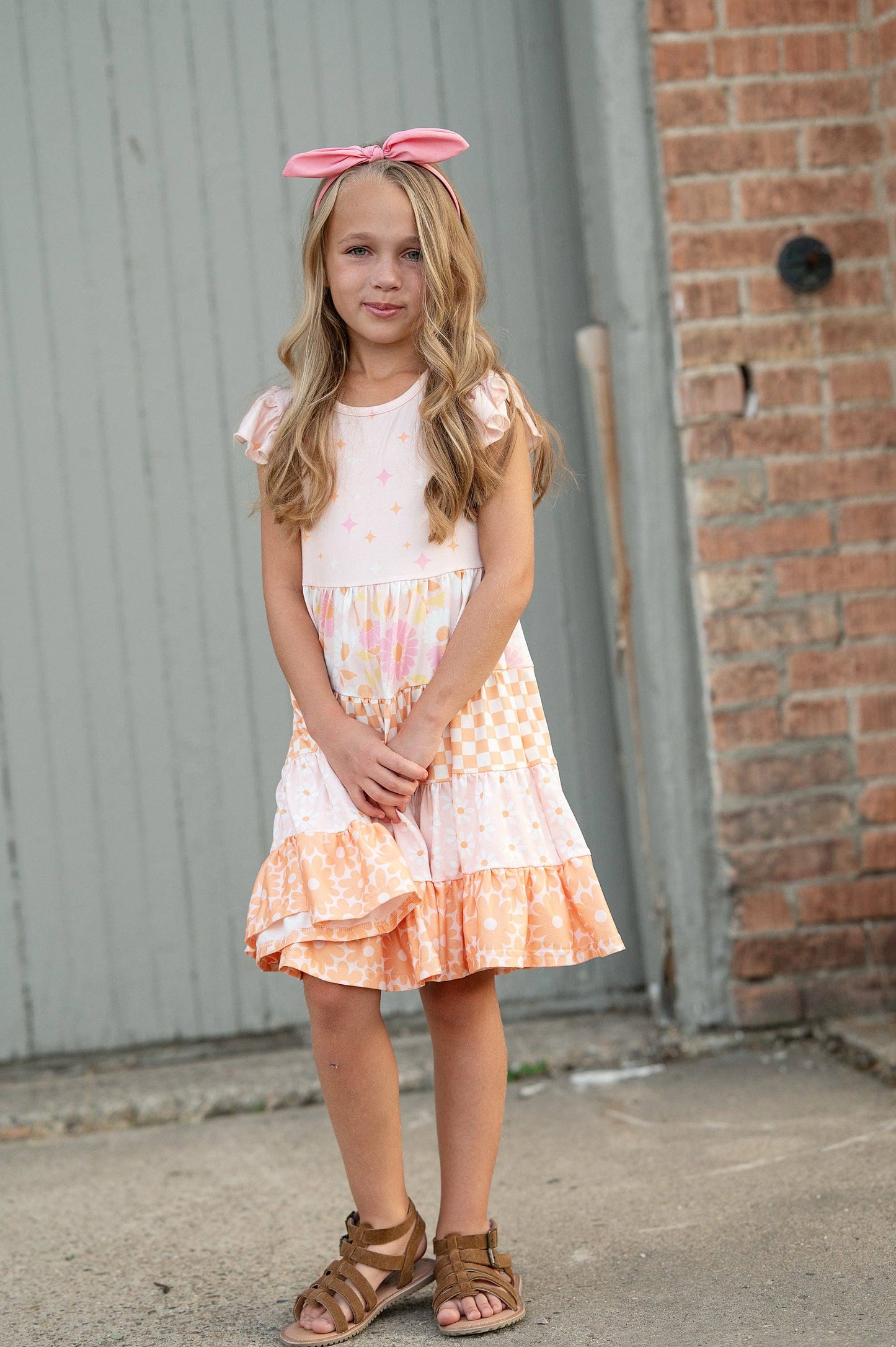 Kids Pink & Tangerine Daisy Checkered Tiered Spring Dress