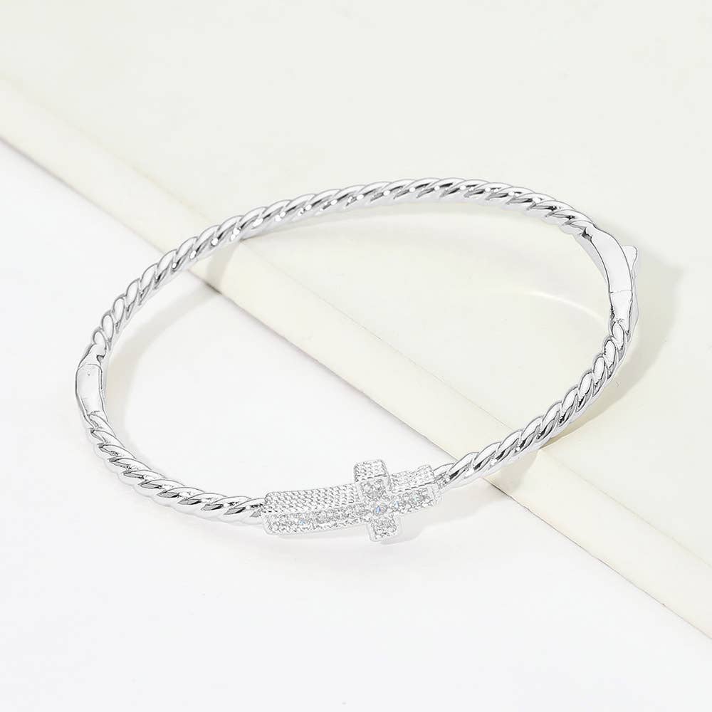 Twisted Hinged Bangle Bracelet Paved Cross Gold