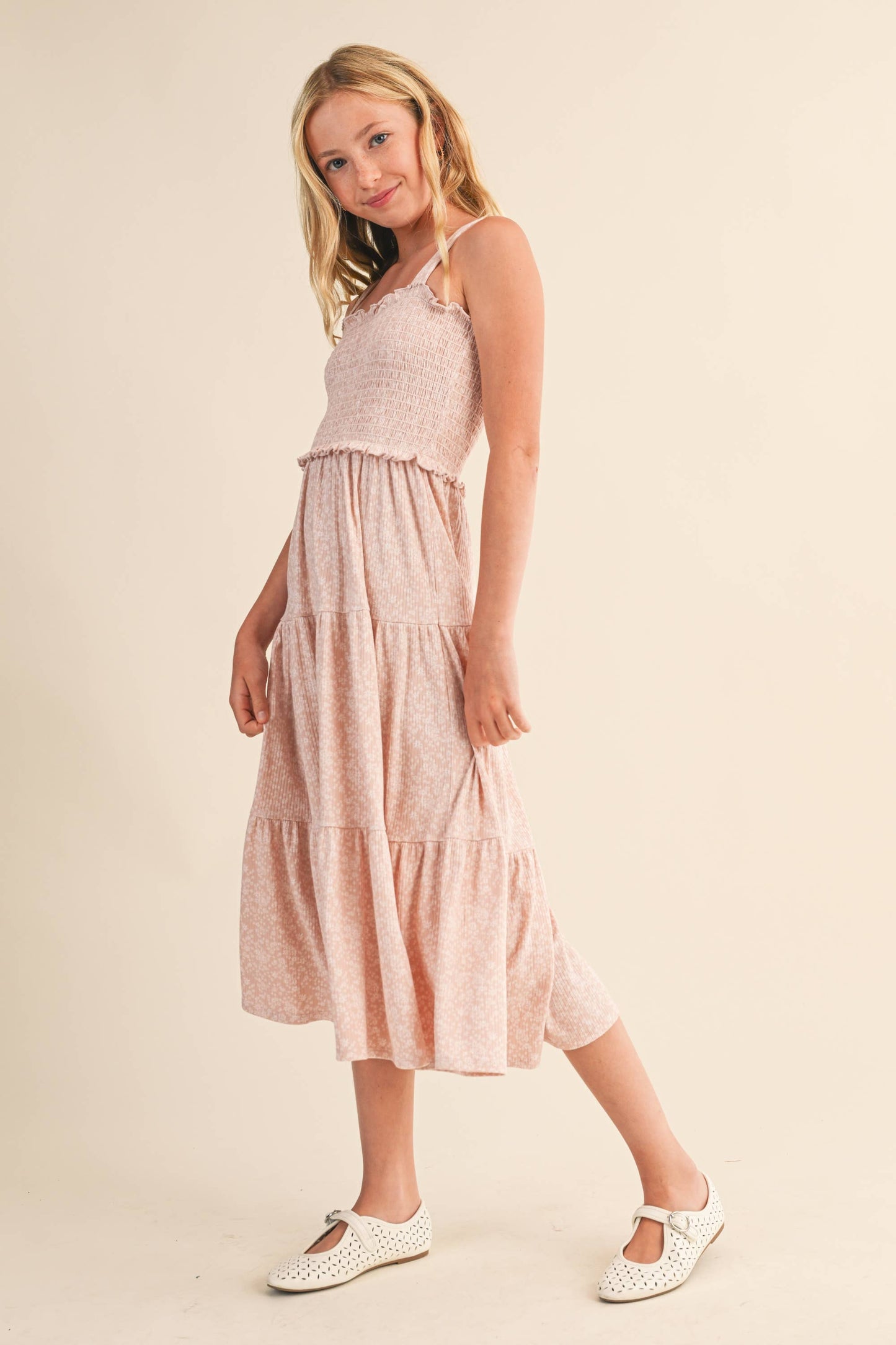 TWEEN GIRLS KIDS SMOCKED TIERED MIDI DRESS