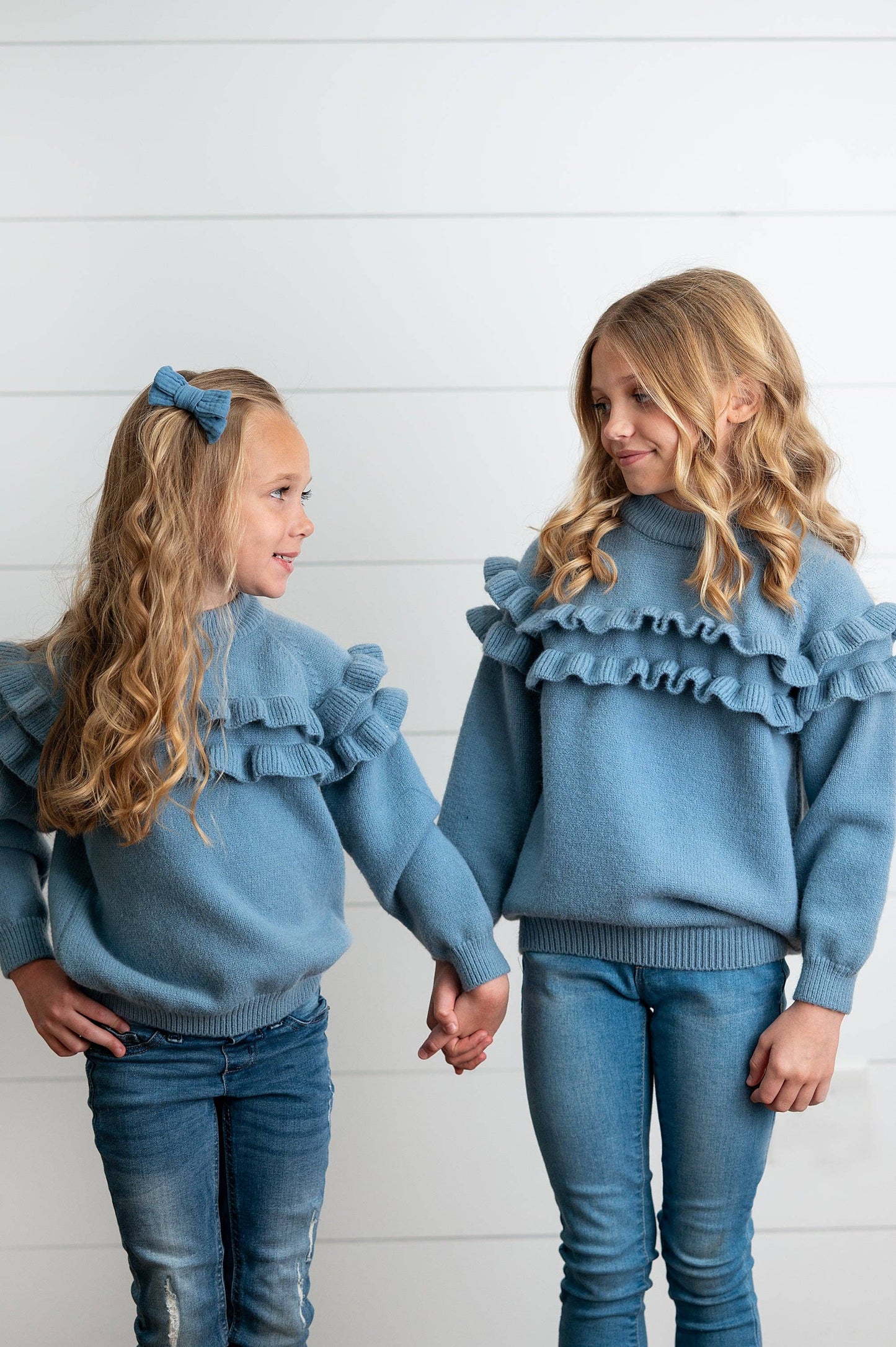 Kids Dusty Blue Double Ruffle Crew Neck Fall Winter Sweater: 3/4