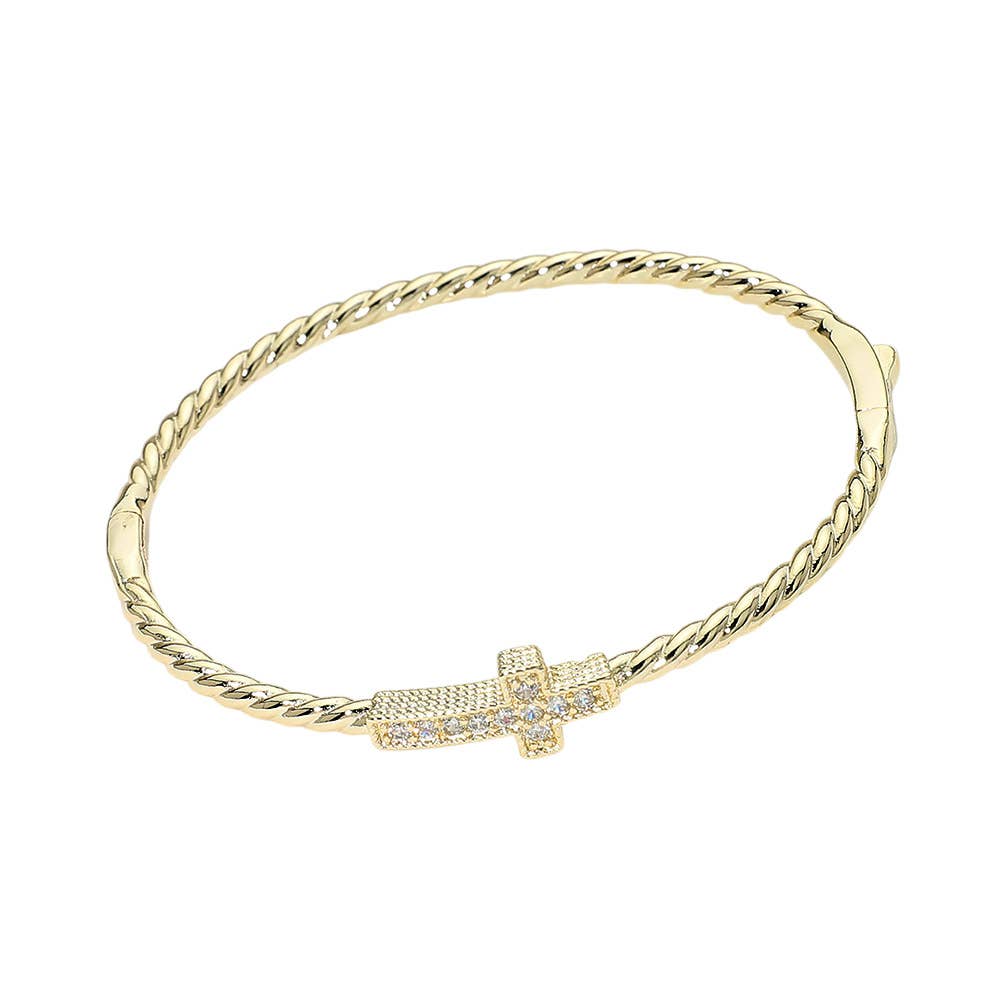 Twisted Hinged Bangle Bracelet Paved Cross Gold