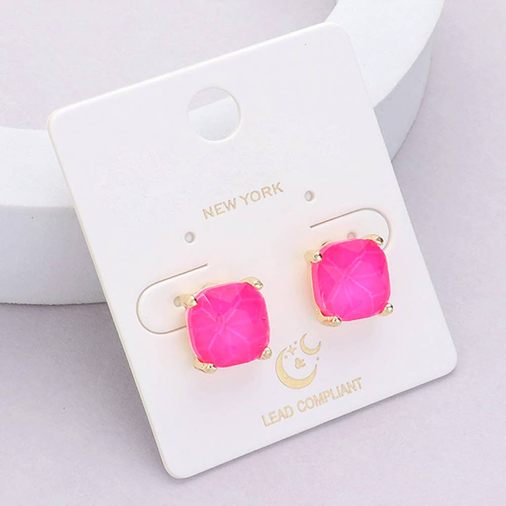 Cushion Square Stone Stud Evening Earrings: G RED