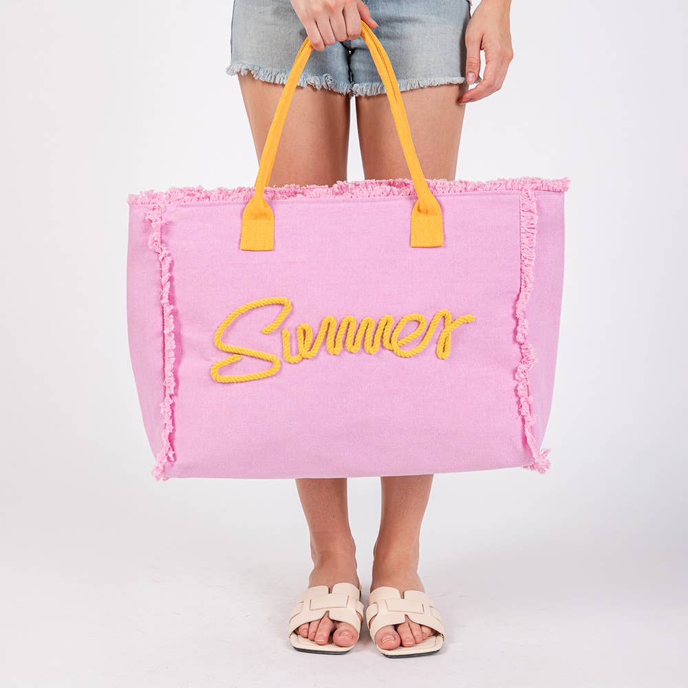 SUMMER Message Embroidered Fringe Canvas Tote Beach Bag PINK