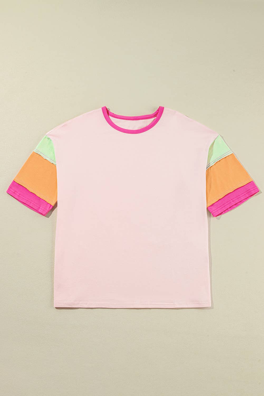 Color Block Stitching Sleeve Round Neck Oversize Top Pink