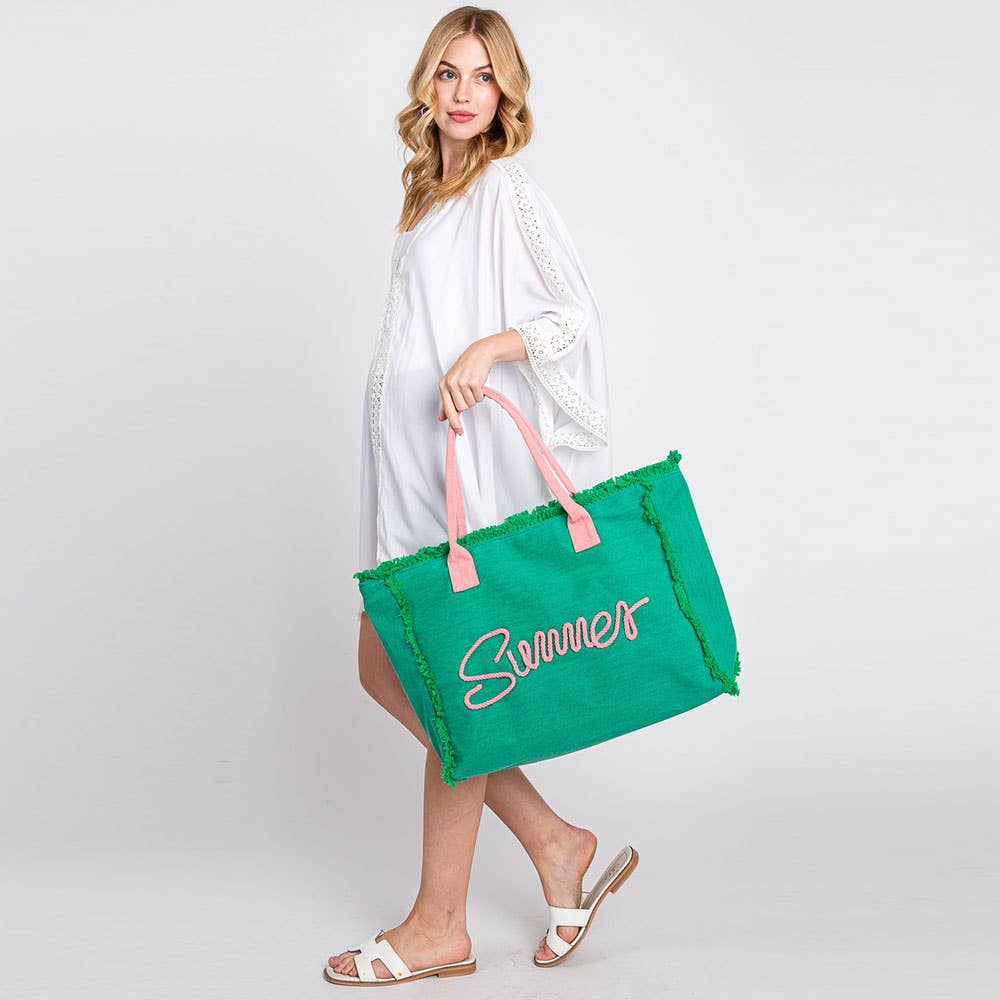 SUMMER Message Embroidered Fringe Canvas Tote Beach Bag PINK
