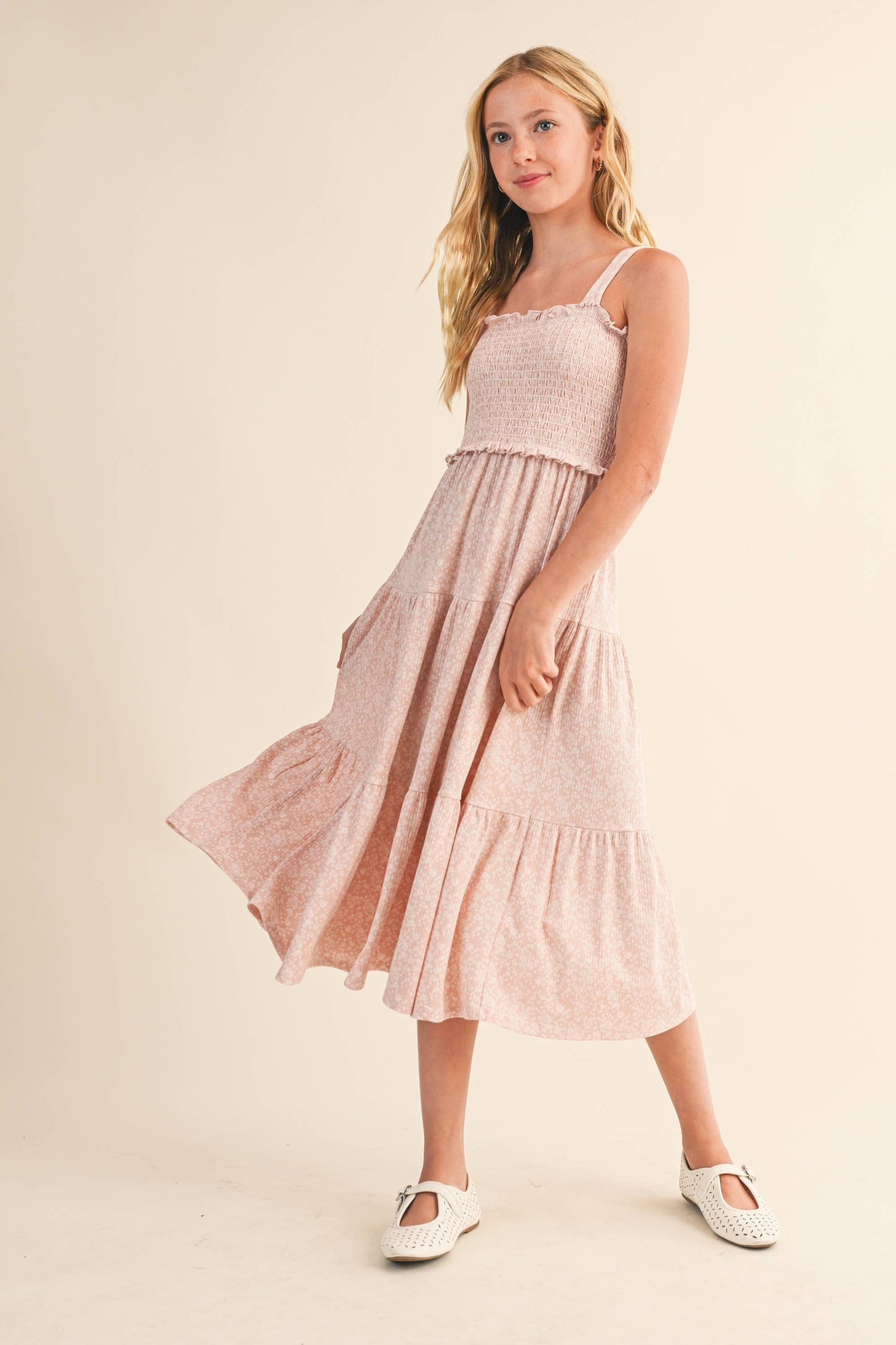 TWEEN GIRLS KIDS SMOCKED TIERED MIDI DRESS