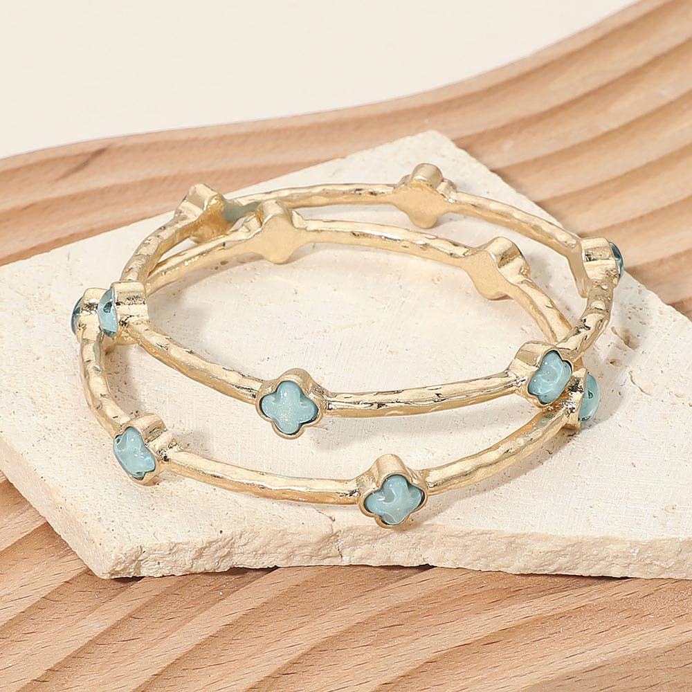 2PCS - Quatrefoil Stone Accent Hammered Metal Multi Layered Bangle Bracelets White,Worn Gold