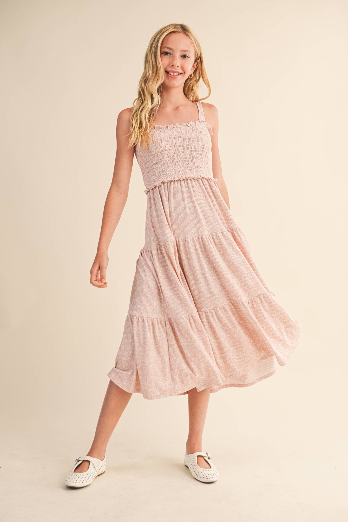 TWEEN GIRLS KIDS SMOCKED TIERED MIDI DRESS