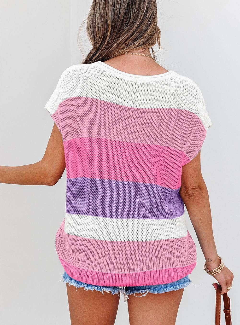 Color Block Notch V Neck Sweater T Shirt Pink