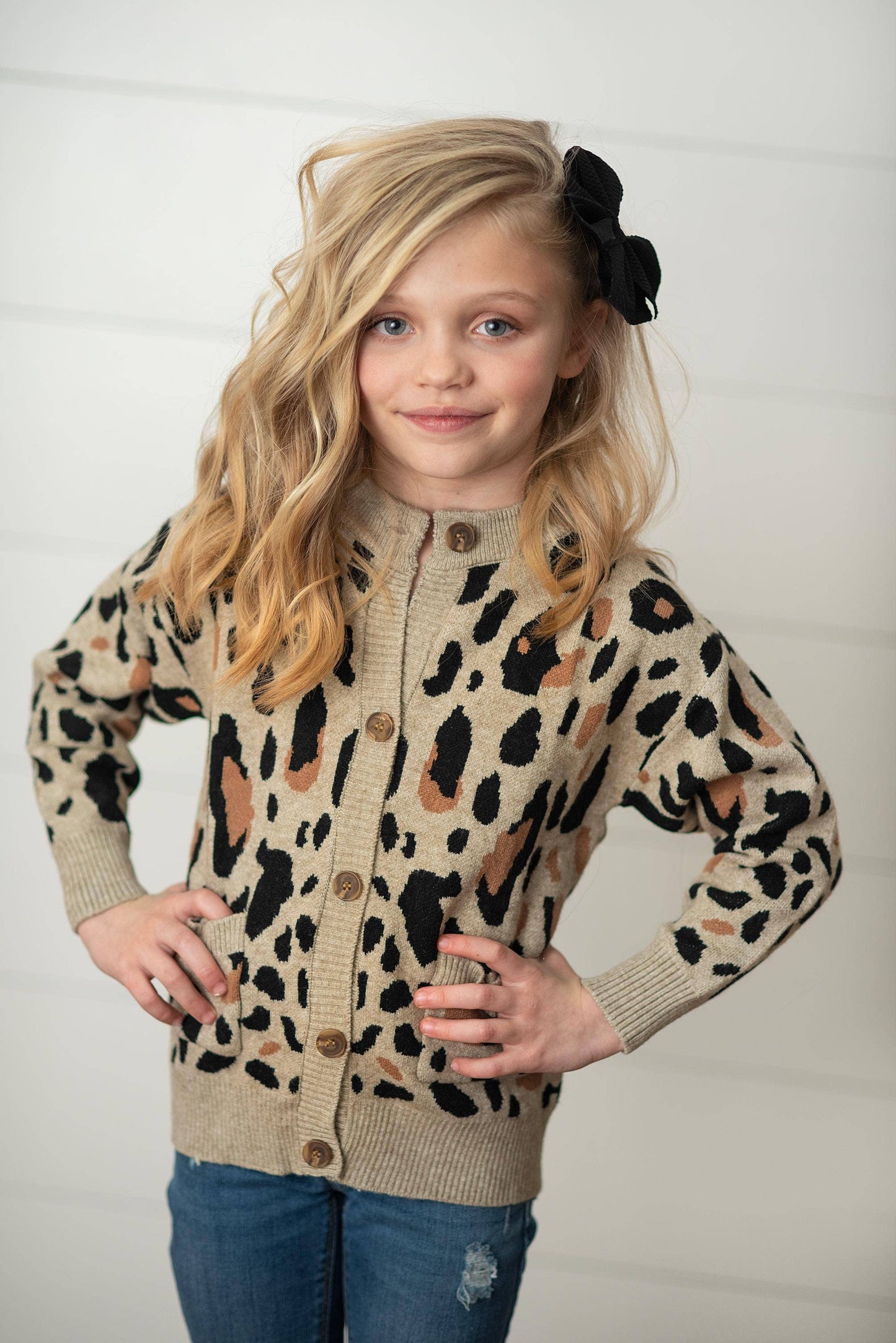 Kids Leopard Button Pocket Cardigan Fall Winter Sweater: 3/4