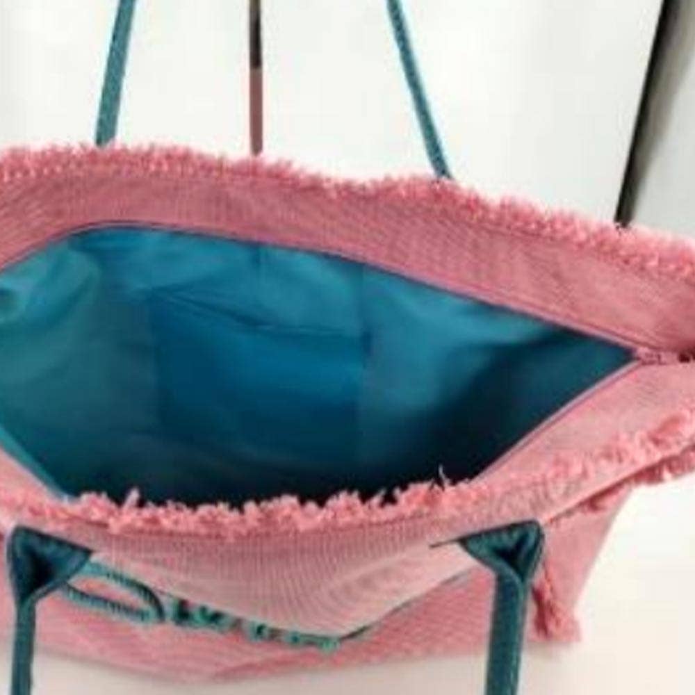 SUMMER Message Embroidered Fringe Canvas Tote Beach Bag PINK