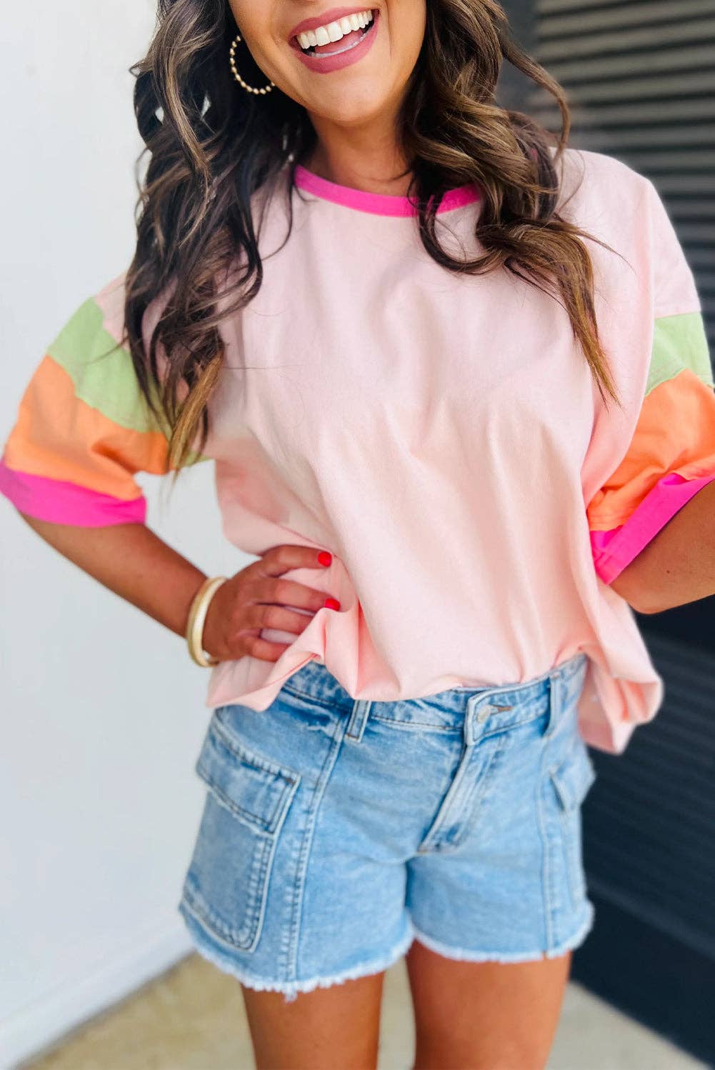 Color Block Stitching Sleeve Round Neck Oversize Top Pink