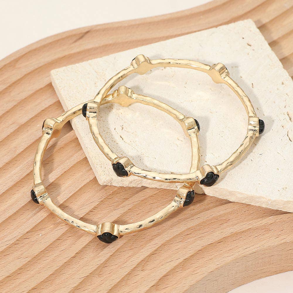 2PCS - Quatrefoil Stone Accent Hammered Metal Multi Layered Bangle Bracelets White,Worn Gold
