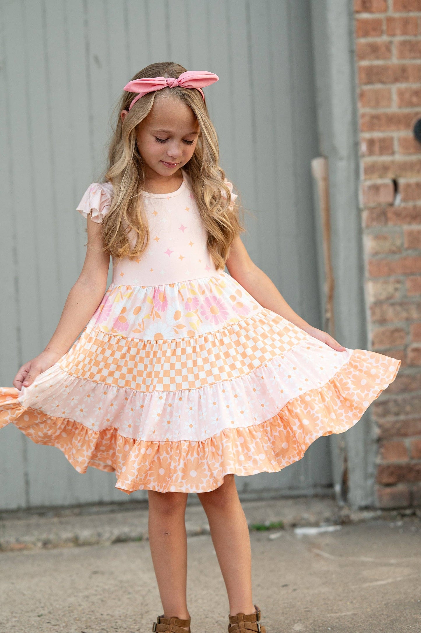 Kids Pink & Tangerine Daisy Checkered Tiered Spring Dress