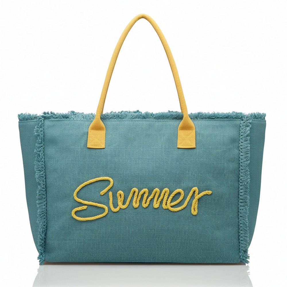 SUMMER Message Embroidered Fringe Canvas Tote Beach Bag PINK