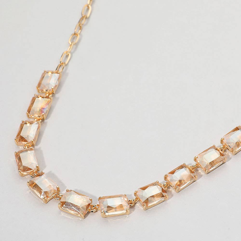 Cushion Rectangular Stone Cluster Link Evening Necklace: AB,Taupe