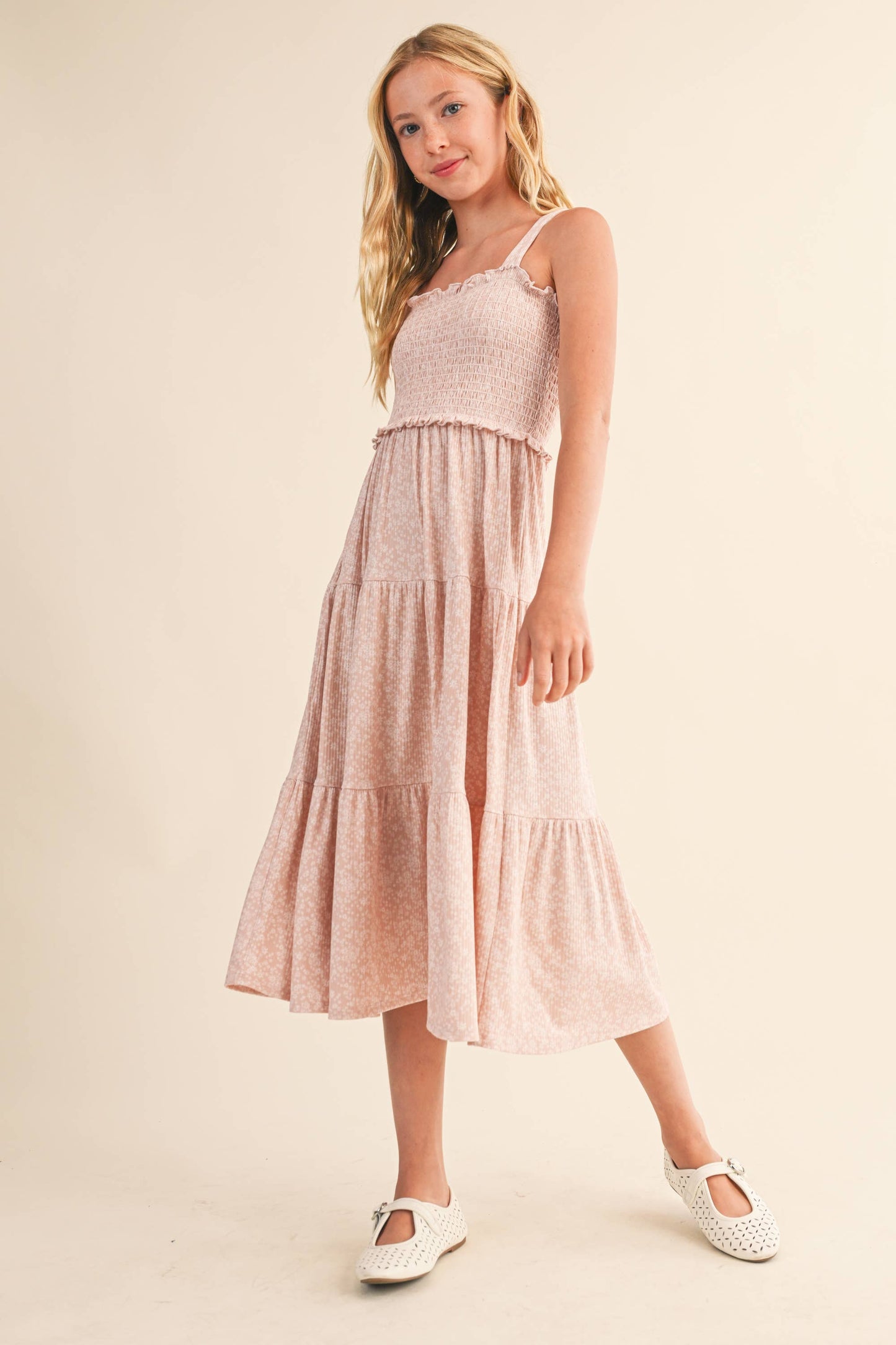 TWEEN GIRLS KIDS SMOCKED TIERED MIDI DRESS