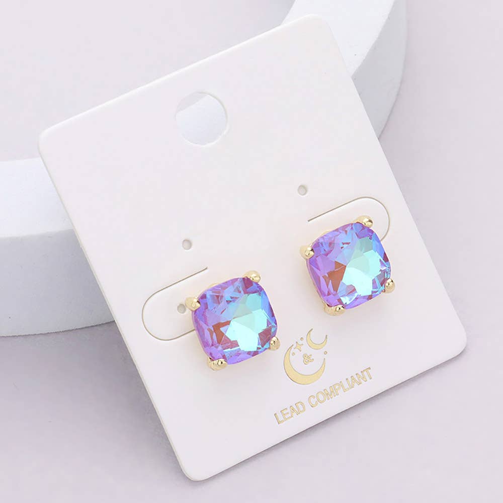 Cushion Square Stone Stud Evening Earrings: G-EM