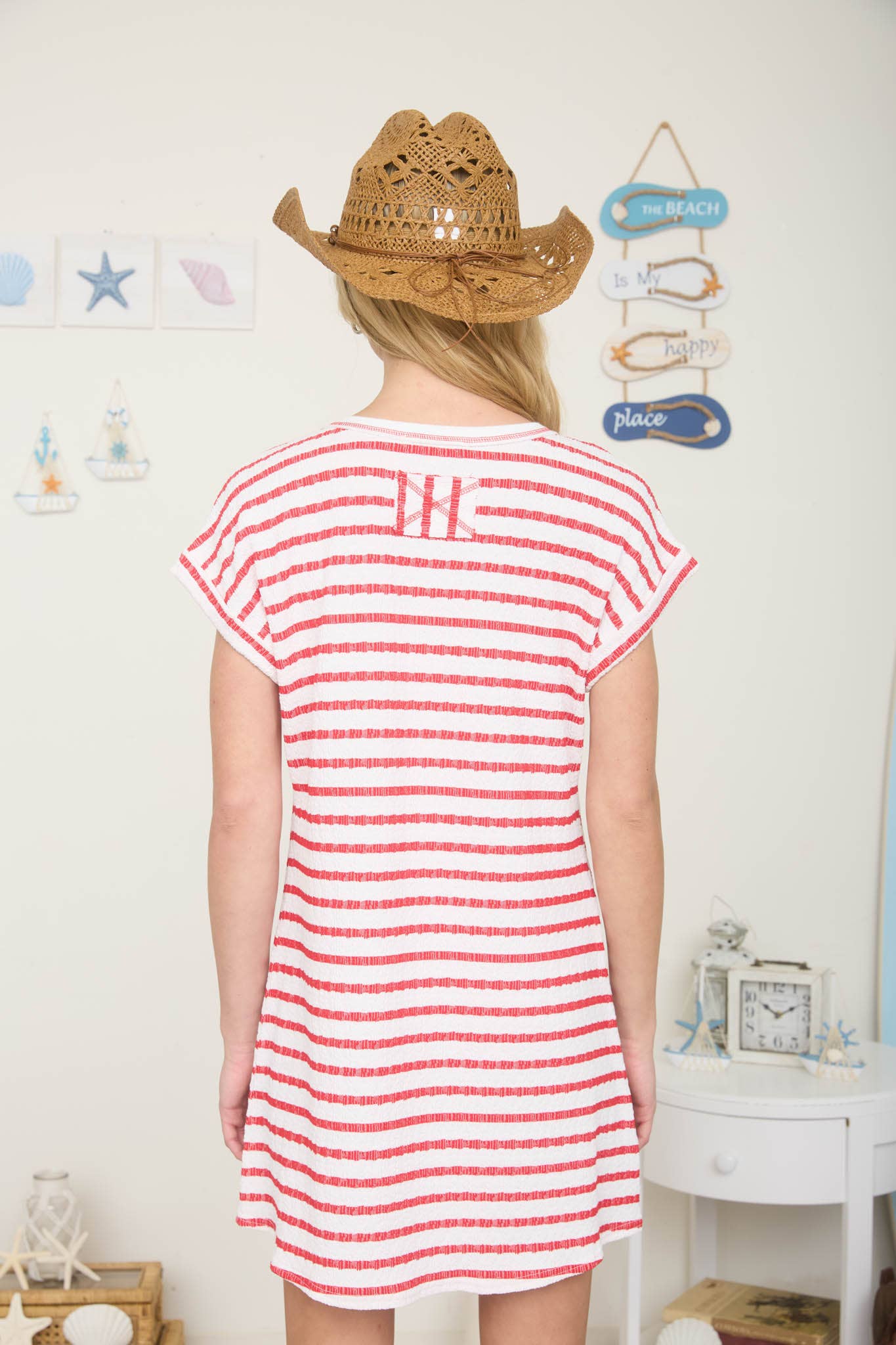 TEXTURED STRIPE SHORT SLEEVE KNIT T-SHIRT DRESS